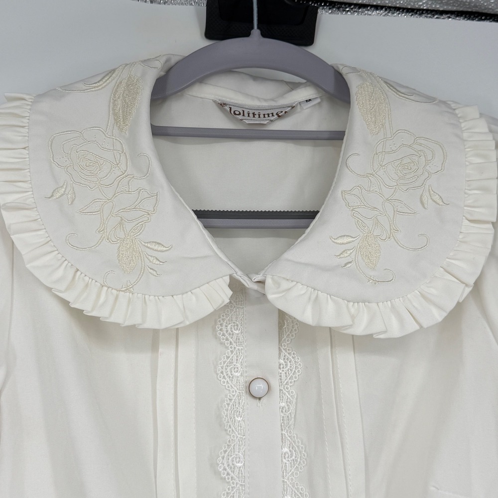 Lolitimes White Embroidered Peter Pan Collar Lace Ruffle Blouse Top Womens M - Picture 3 of 5